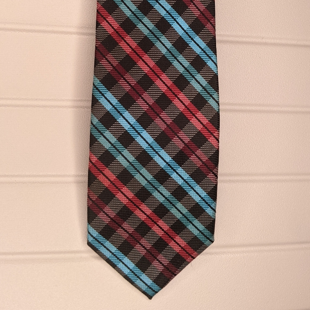 JF J. Ferrar Blue, Black and Red Plaid Tie